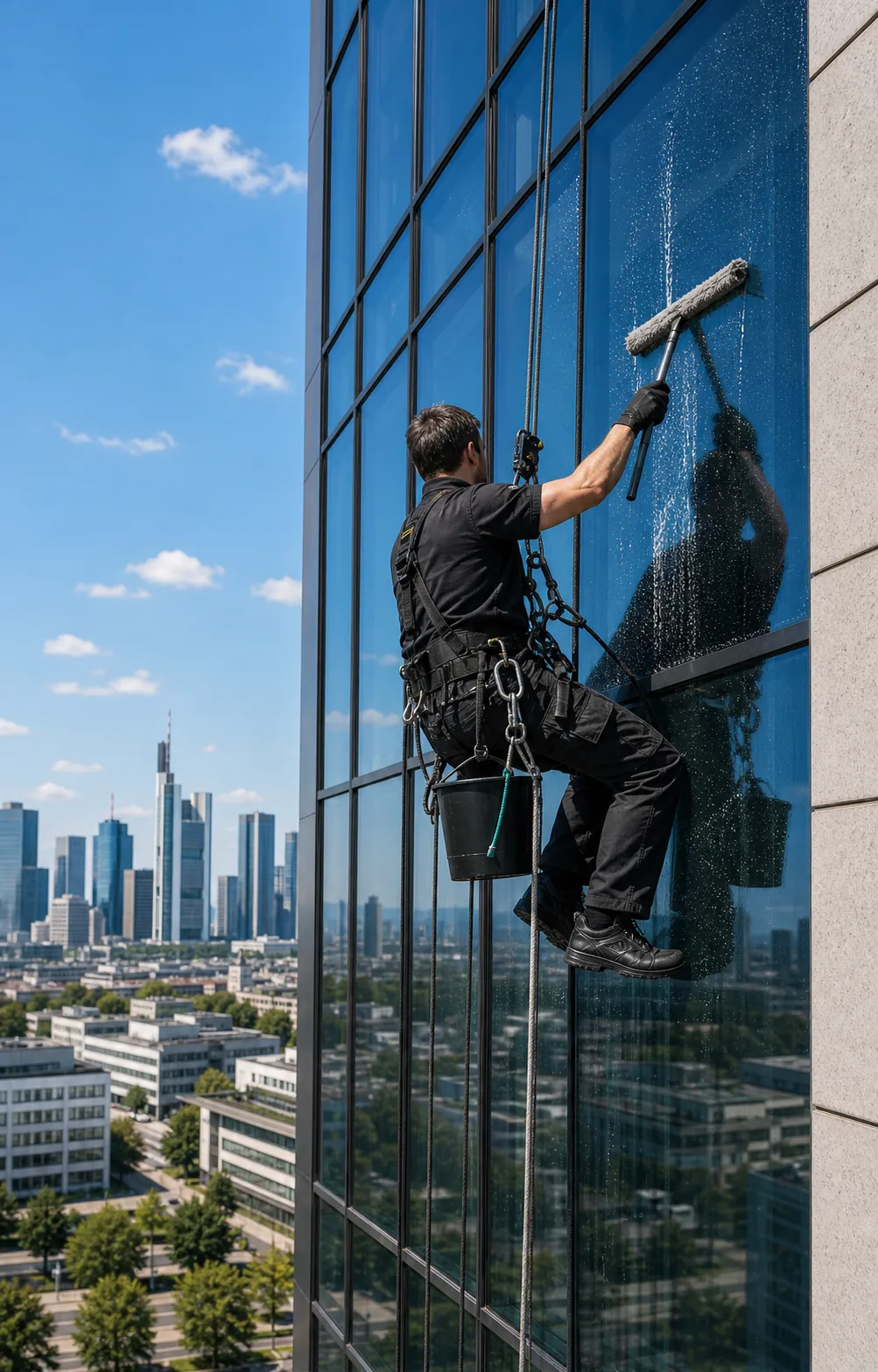 Fassadenkletterer reinigt eine Glasfassade am Seil über der Frankfurter Skyline