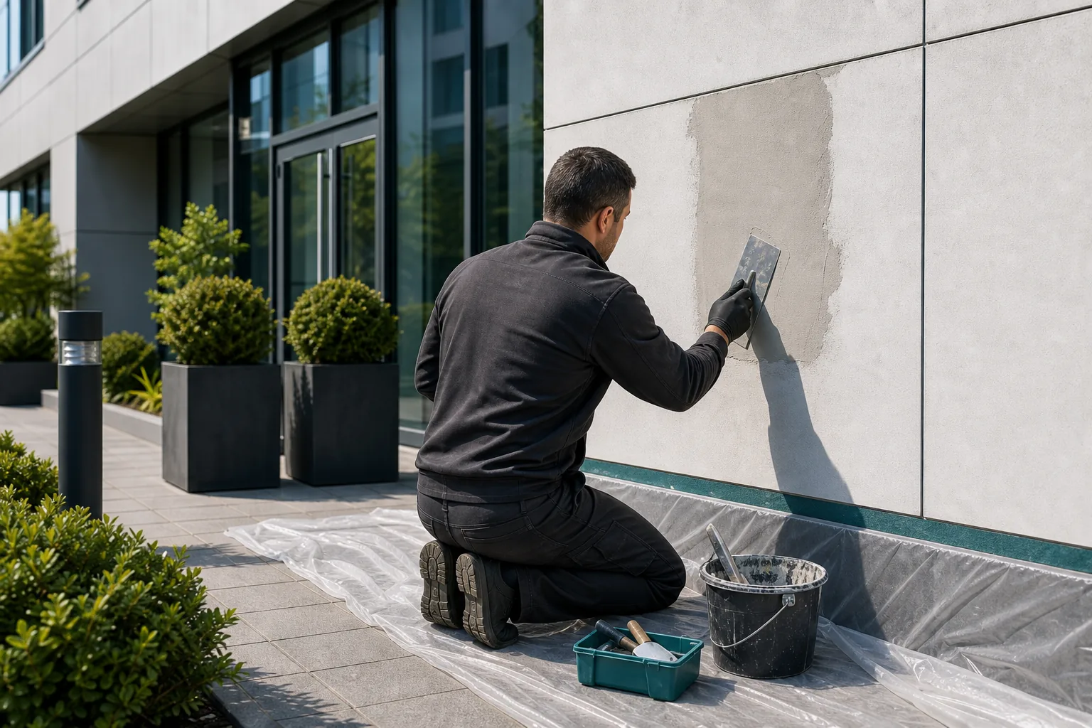 Handwerker bessert eine Fassade am Gebäudesockel aus