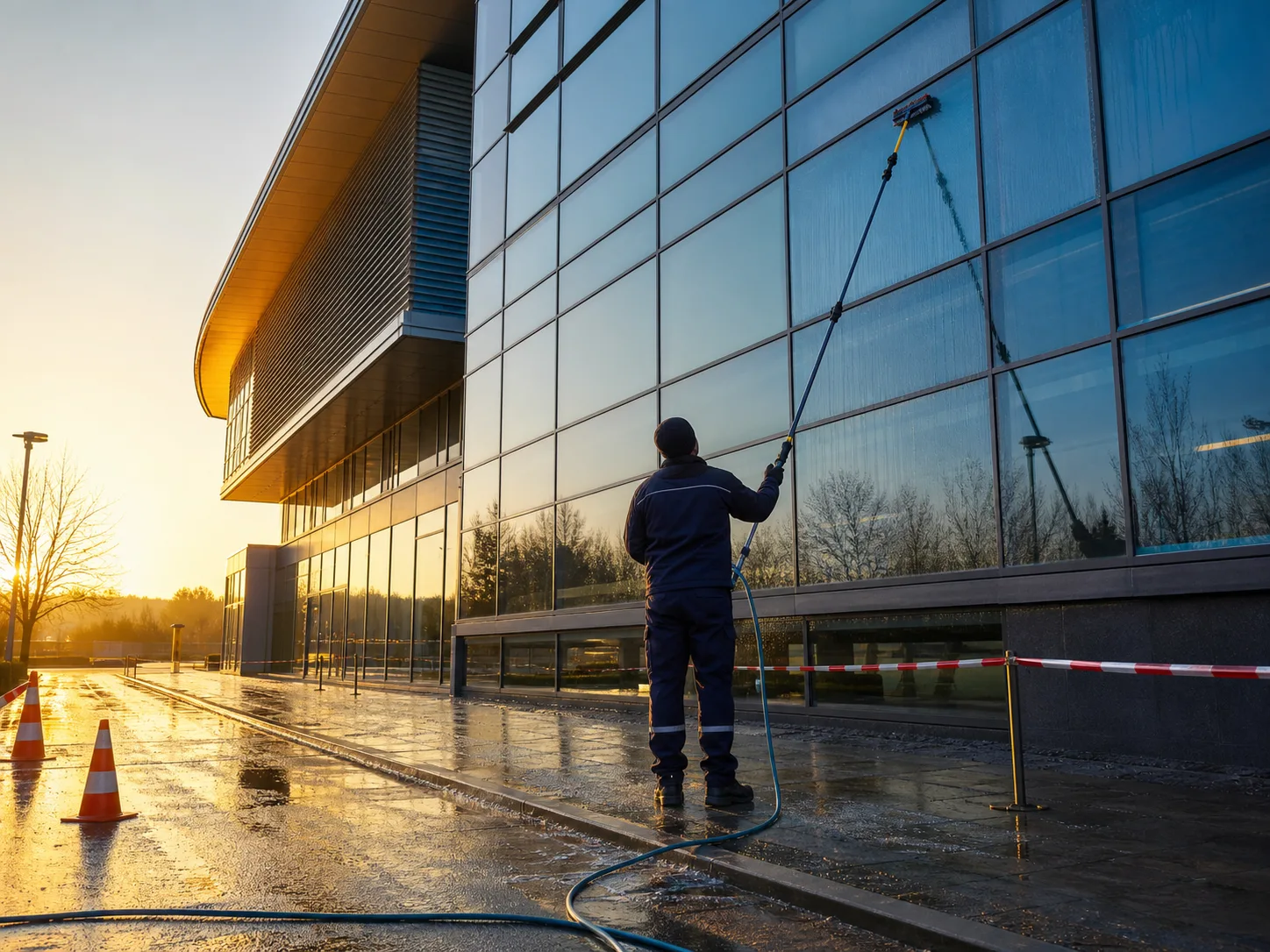 Reinigung einer Glasfassade mit Teleskopstange in der Abendsonne