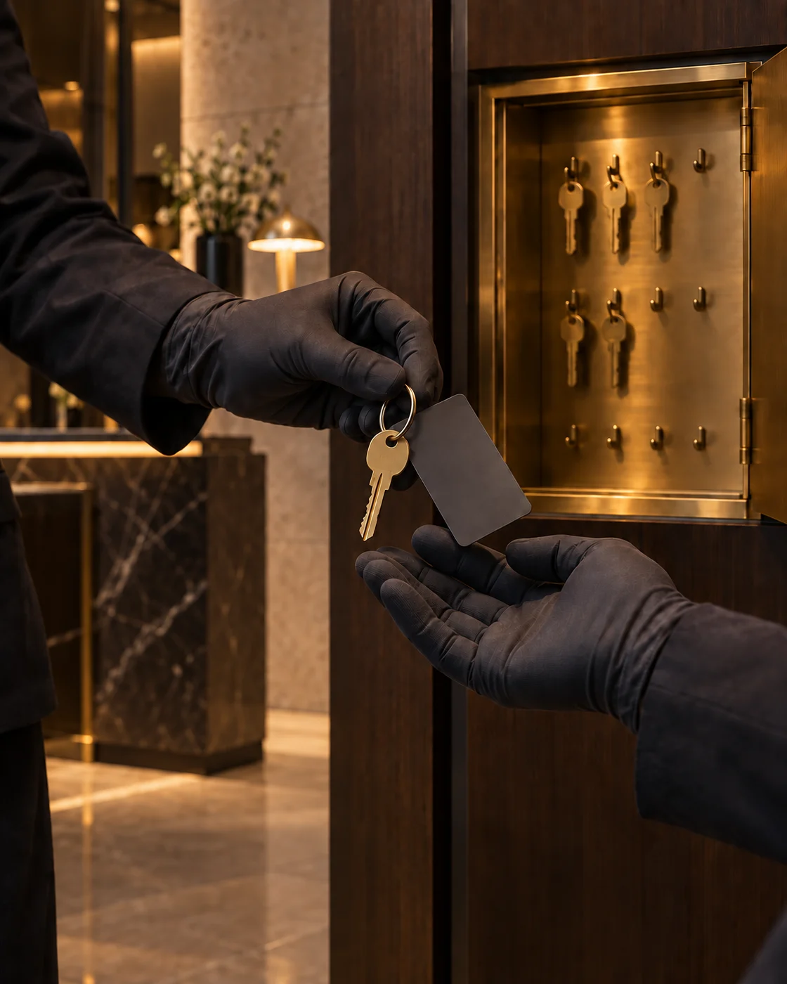 Übergabe eines Schlüssels mit Anhänger zwischen zwei behandschuhten Händen vor einem Schlüsselschrank