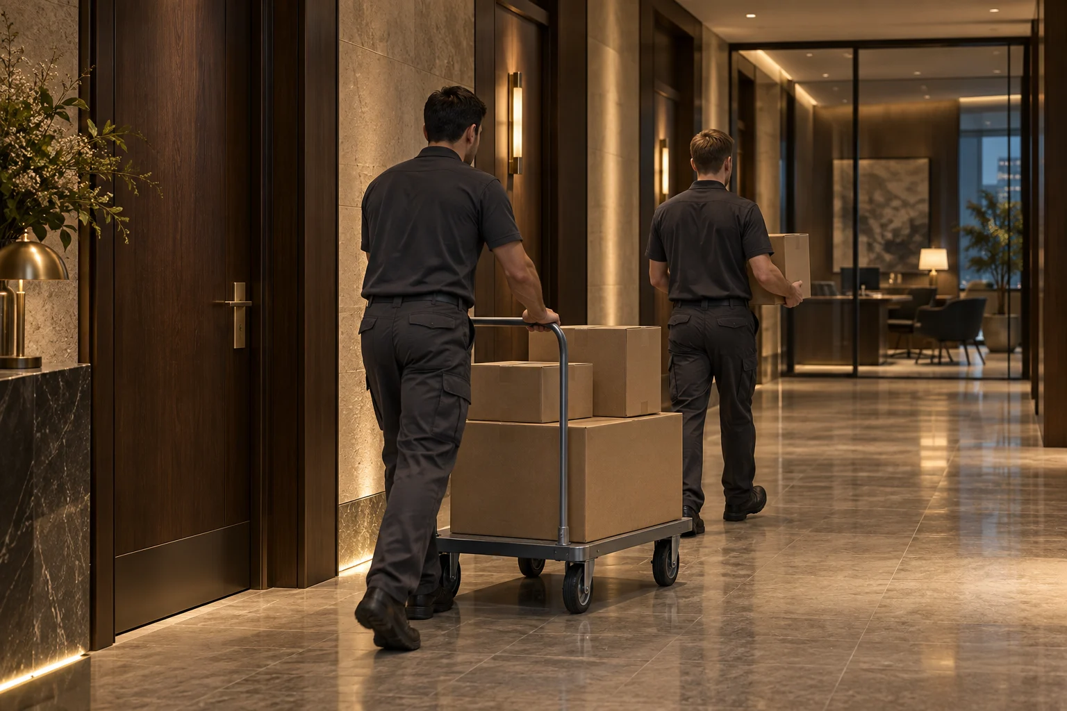 Zwei Mitarbeiter transportieren Umzugskartons durch einen Büroflur