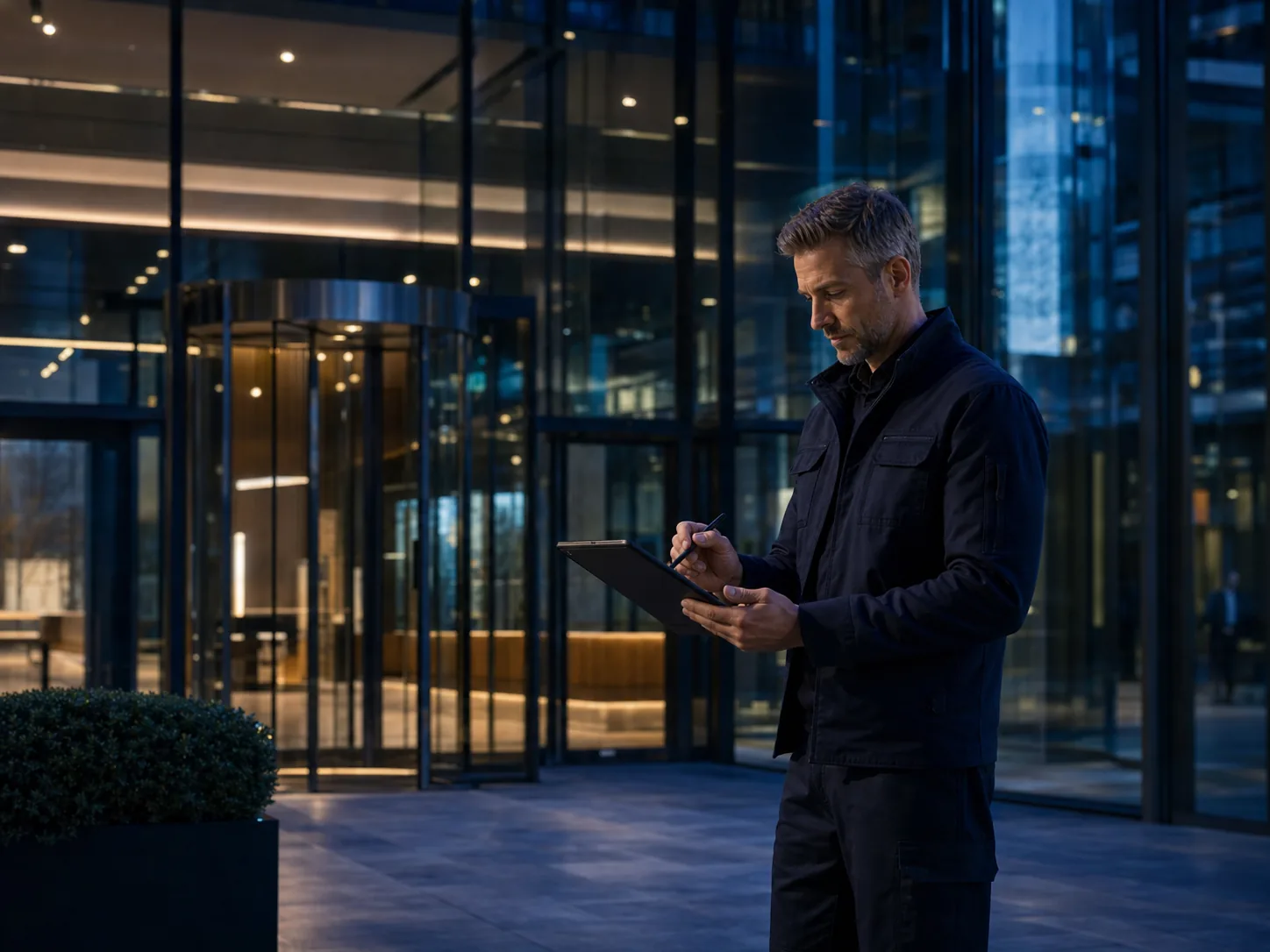 Objektleiter dokumentiert nachts auf einem Tablet vor einem Bürogebäude