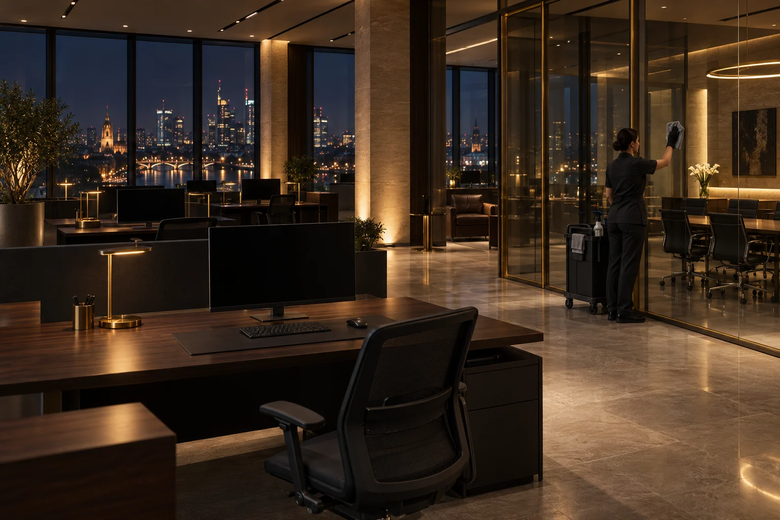 Reinigungskraft wischt nachts eine Glaswand in einem leeren Büro mit Blick auf die Frankfurter Skyline