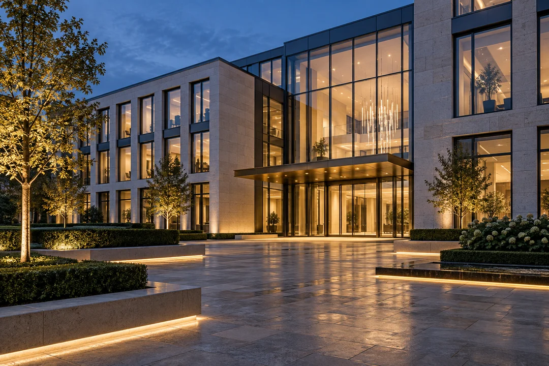 Bürogebäude mit Natursteinfassade und gläsernem Eingang in der Abenddämmerung