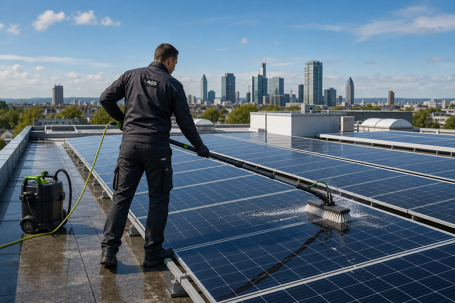 Reinigung einer Solaranlage auf einem Flachdach