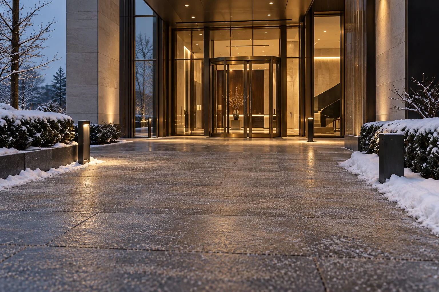 Geräumter und gestreuter Zugang zu einem Bürogebäude im Winter